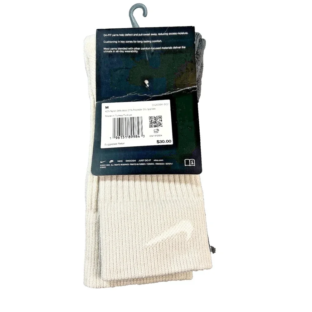 NEW 2‎ Pair Nike Everyday Wool Blend Men's 6-8 Cushioned Crew Socks W 6-10 Grey